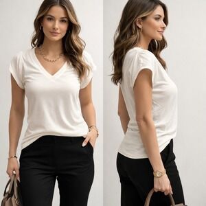 Athleta White Ruched Shoulder V-Neck Cap Sleeve Curved Hem Tee Shirt Size M